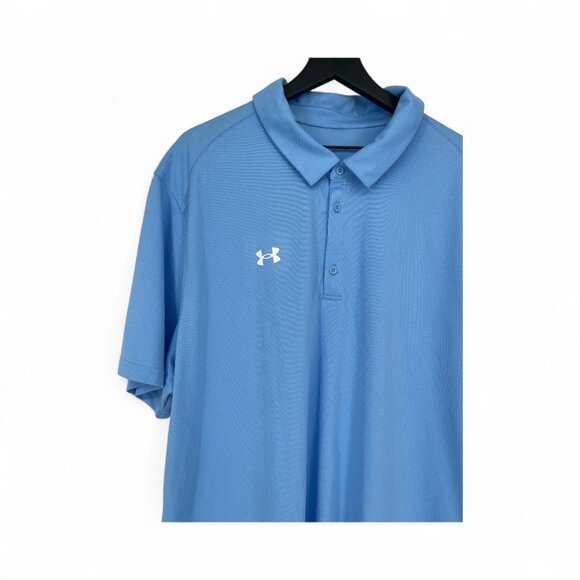 NWT Men's Under Armour Tech UA Golf Polo Shirt Sky Blue Performance SS Loose Fit - Picture 2 of 4